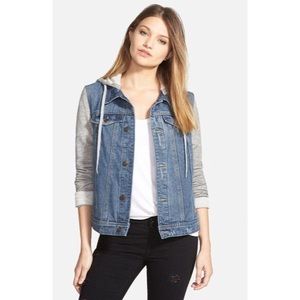 Denim Jacket with Fleece Sleeves and Hood